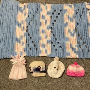 SOLD! Hand knitted newborn hats and blanket